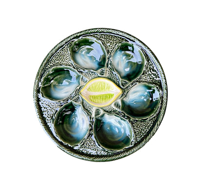 Vintage French Majolica oyster plate by Saint Clément, circa 1930, with six green-blue shell wells and a central lemon design, glazed ceramic faience, Art Deco coastal decor.