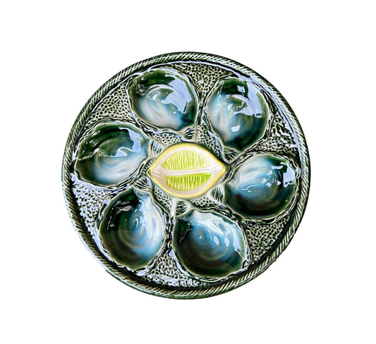 Vintage French Majolica oyster plate by Saint Clément, circa 1930, with six green-blue shell wells and a central lemon design, glazed ceramic faience, Art Deco coastal decor.