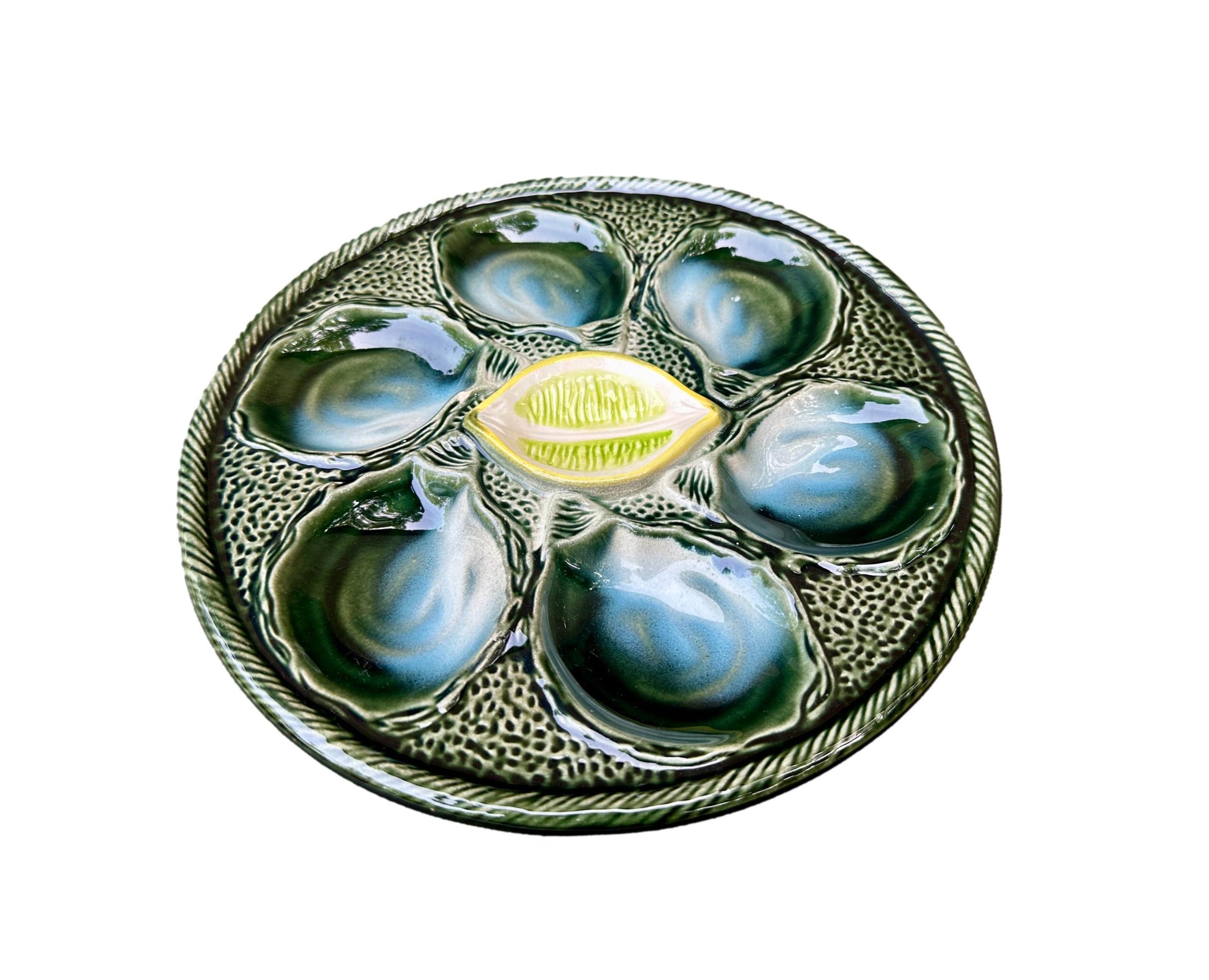 Vintage French Majolica oyster plate by Saint Clément, circa 1930, with six green-blue shell wells and a central lemon design, glazed ceramic faience, Art Deco coastal decor.