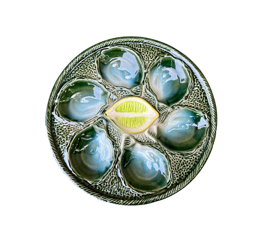 Vintage French Majolica oyster plate by Saint Clément, circa 1930, with six green-blue shell wells and a central lemon design, glazed ceramic faience, Art Deco coastal decor.