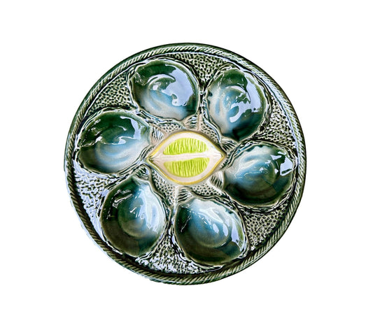 Vintage French Majolica oyster plate by Saint Clément, circa 1930, with six green-blue shell wells and a central lemon design, glazed ceramic faience, Art Deco coastal decor.