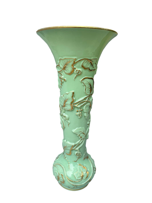 Grand Baccarat XXL Opaline Vase 1865 | Green & Gold Grape Decor
