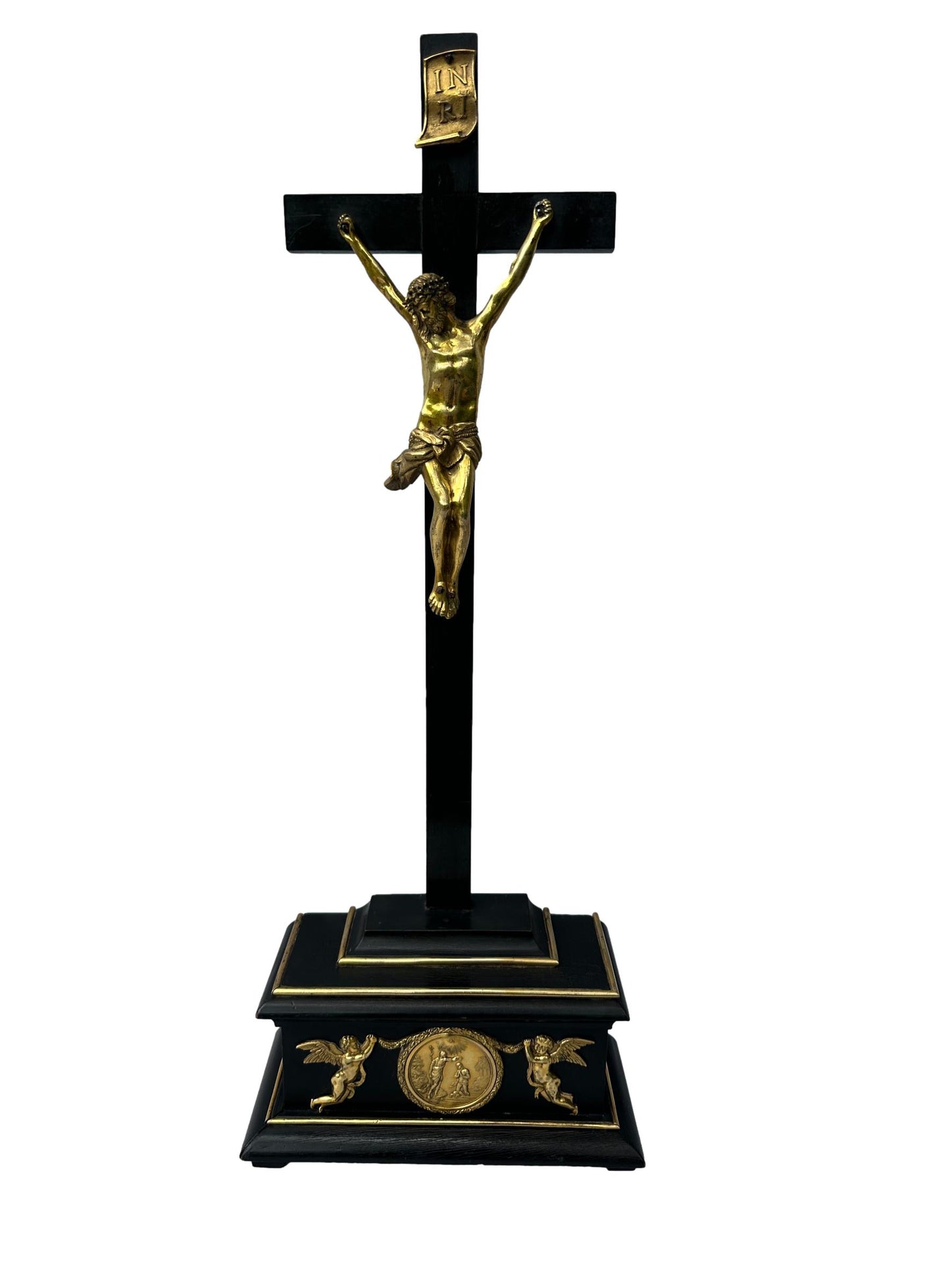 Antique Empire Crucifix 1810 | Gilt Bronze & Baptism Medallion