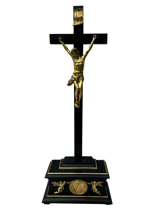 Antique Empire Crucifix 1810 | Gilt Bronze & Baptism Medallion
