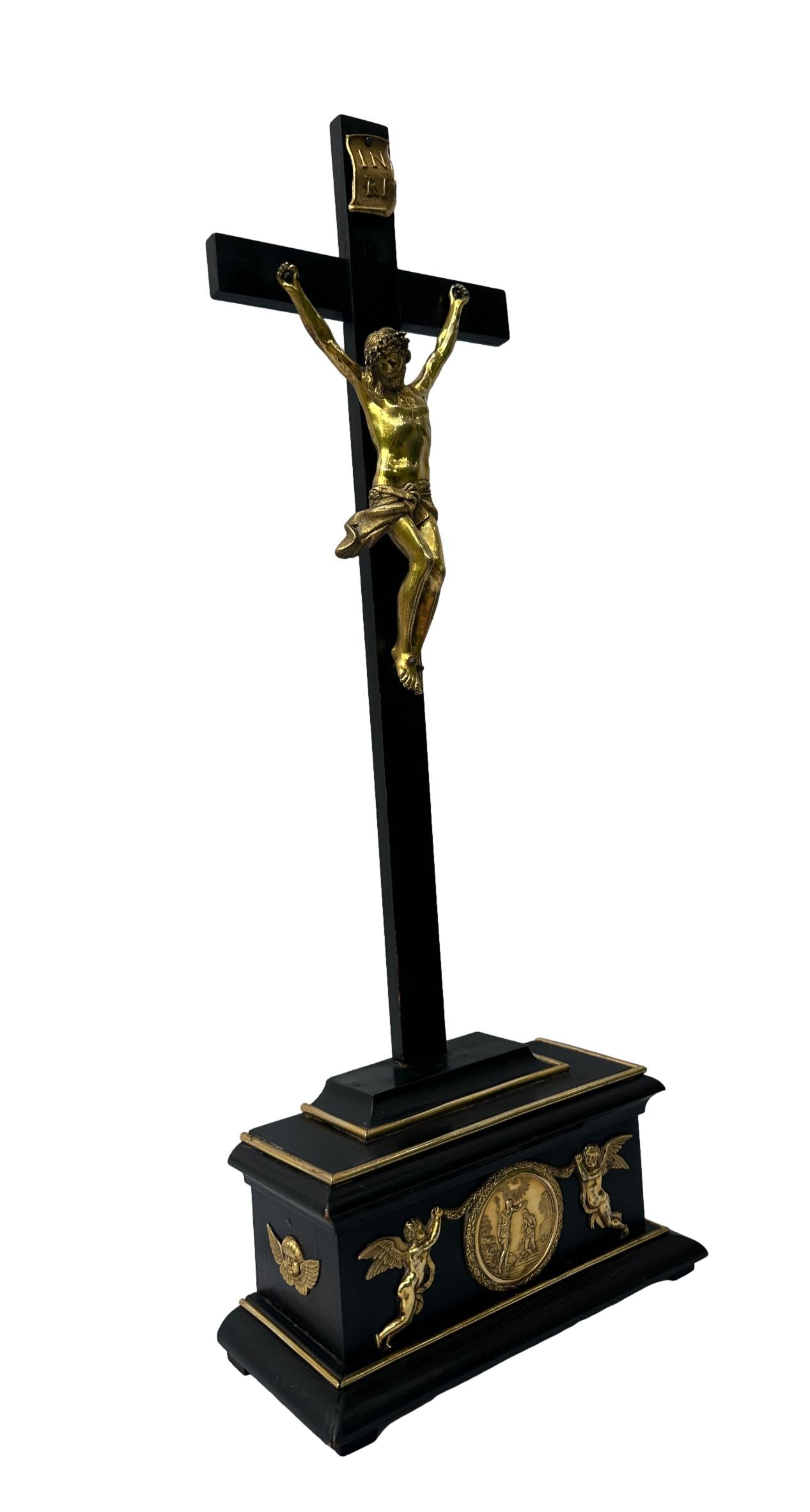 Antique Empire Crucifix 1810 | Gilt Bronze & Baptism Medallion