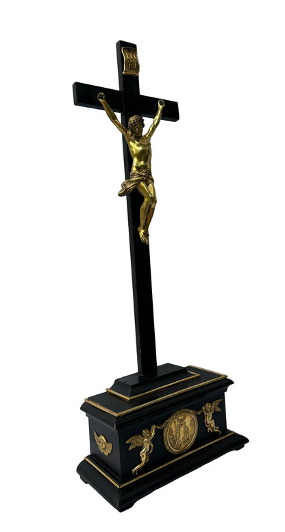 Antique Empire Crucifix 1810 | Gilt Bronze & Baptism Medallion