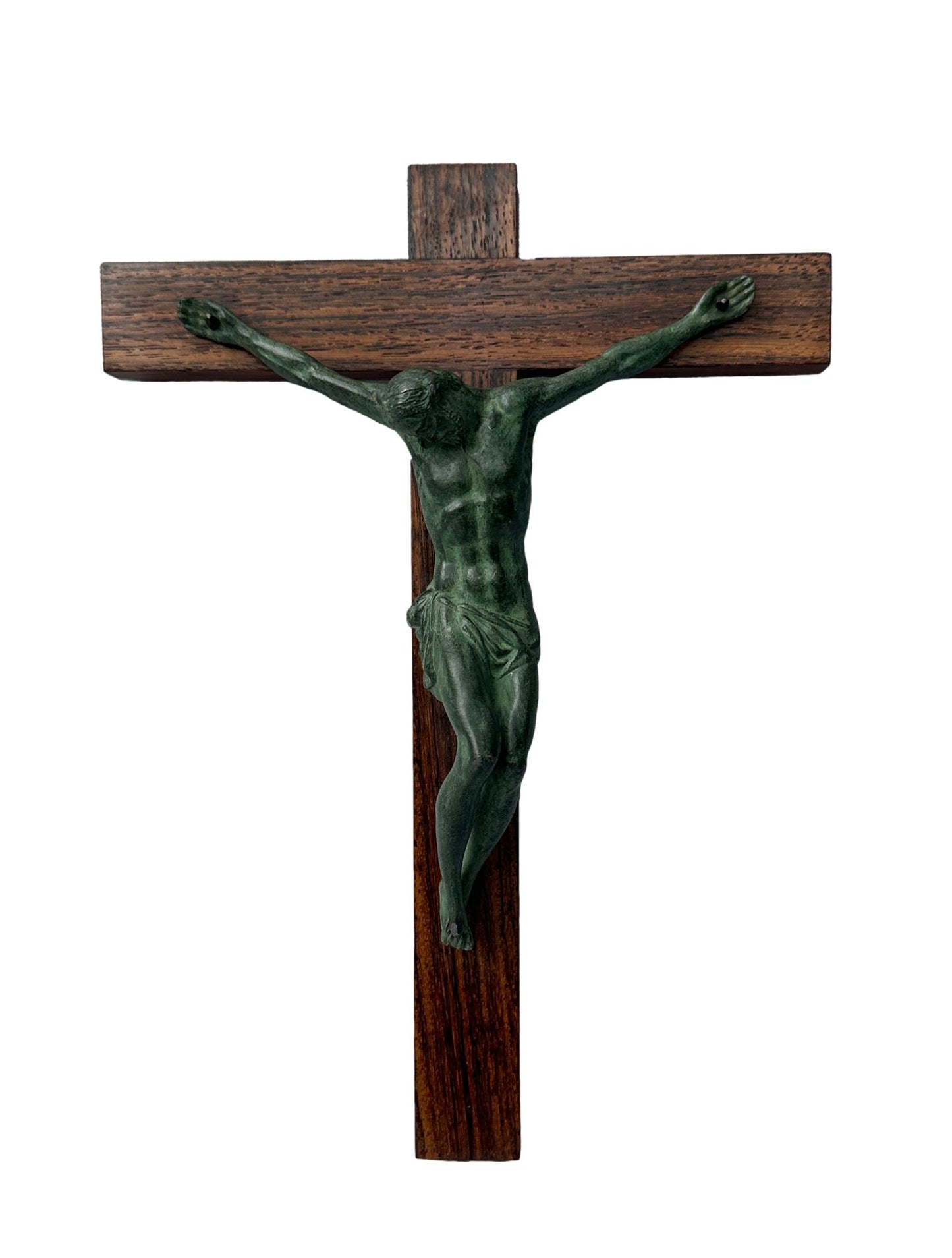 Signed Dorlia Art Deco Crucifix | Green Patina & Wood | 1930s