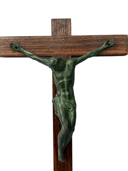 Signed Dorlia Art Deco Crucifix | Green Patina & Wood | 1930s