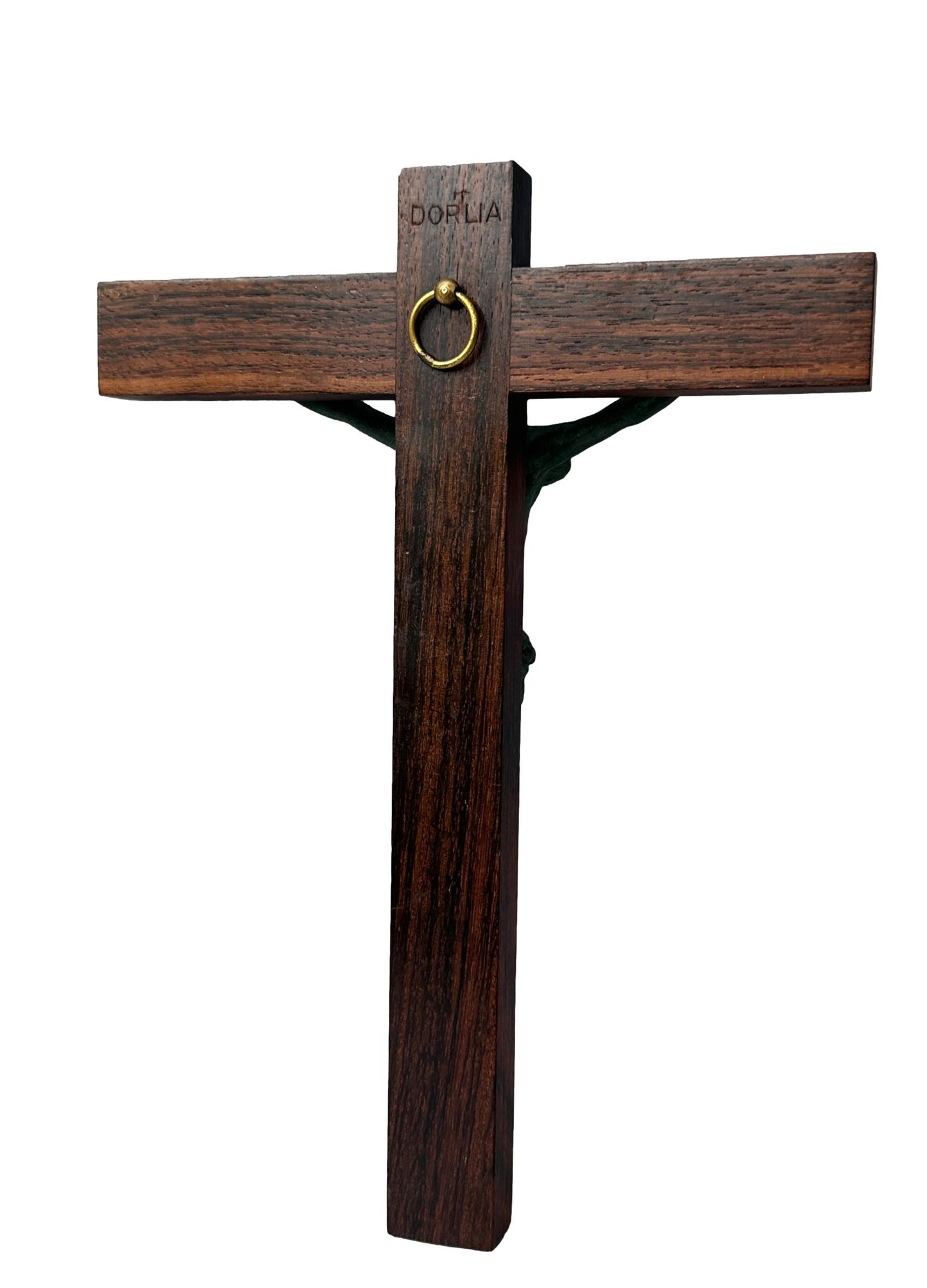 Signed Dorlia Art Deco Crucifix | Green Patina & Wood | 1930s