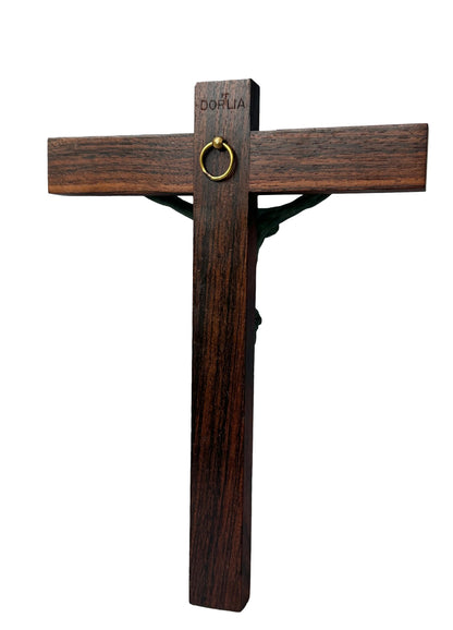 Signed Dorlia Art Deco Crucifix | Green Patina & Wood | 1930s