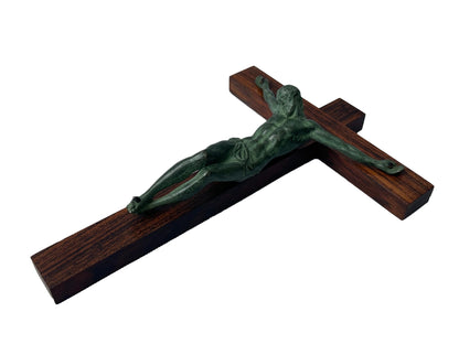 Signed Dorlia Art Deco Crucifix | Green Patina & Wood | 1930s