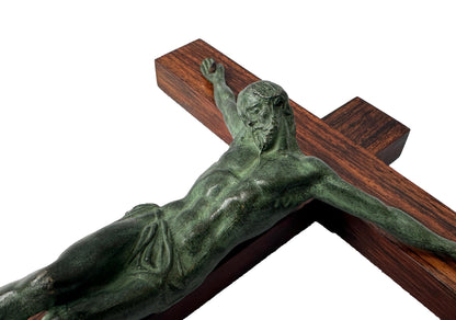 Signed Dorlia Art Deco Crucifix | Green Patina & Wood | 1930s