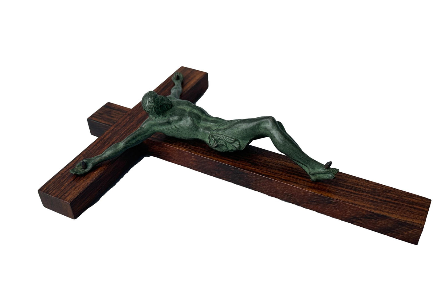 Signed Dorlia Art Deco Crucifix | Green Patina & Wood | 1930s