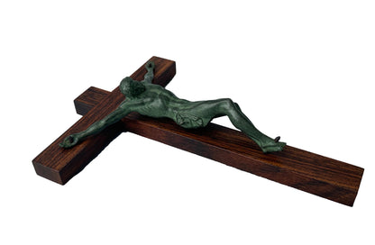 Signed Dorlia Art Deco Crucifix | Green Patina & Wood | 1930s