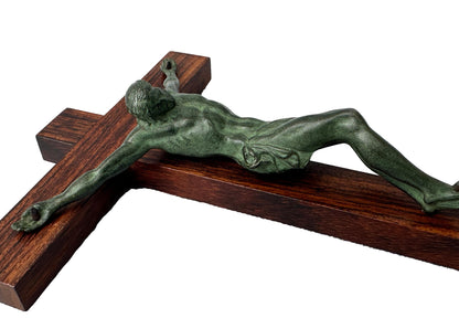 Signed Dorlia Art Deco Crucifix | Green Patina & Wood | 1930s