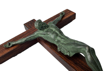 Signed Dorlia Art Deco Crucifix | Green Patina & Wood | 1930s