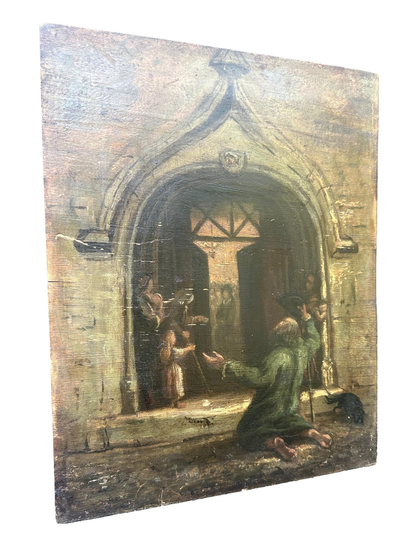 1800's French Oil Painting on Wood Panel Church Beggar