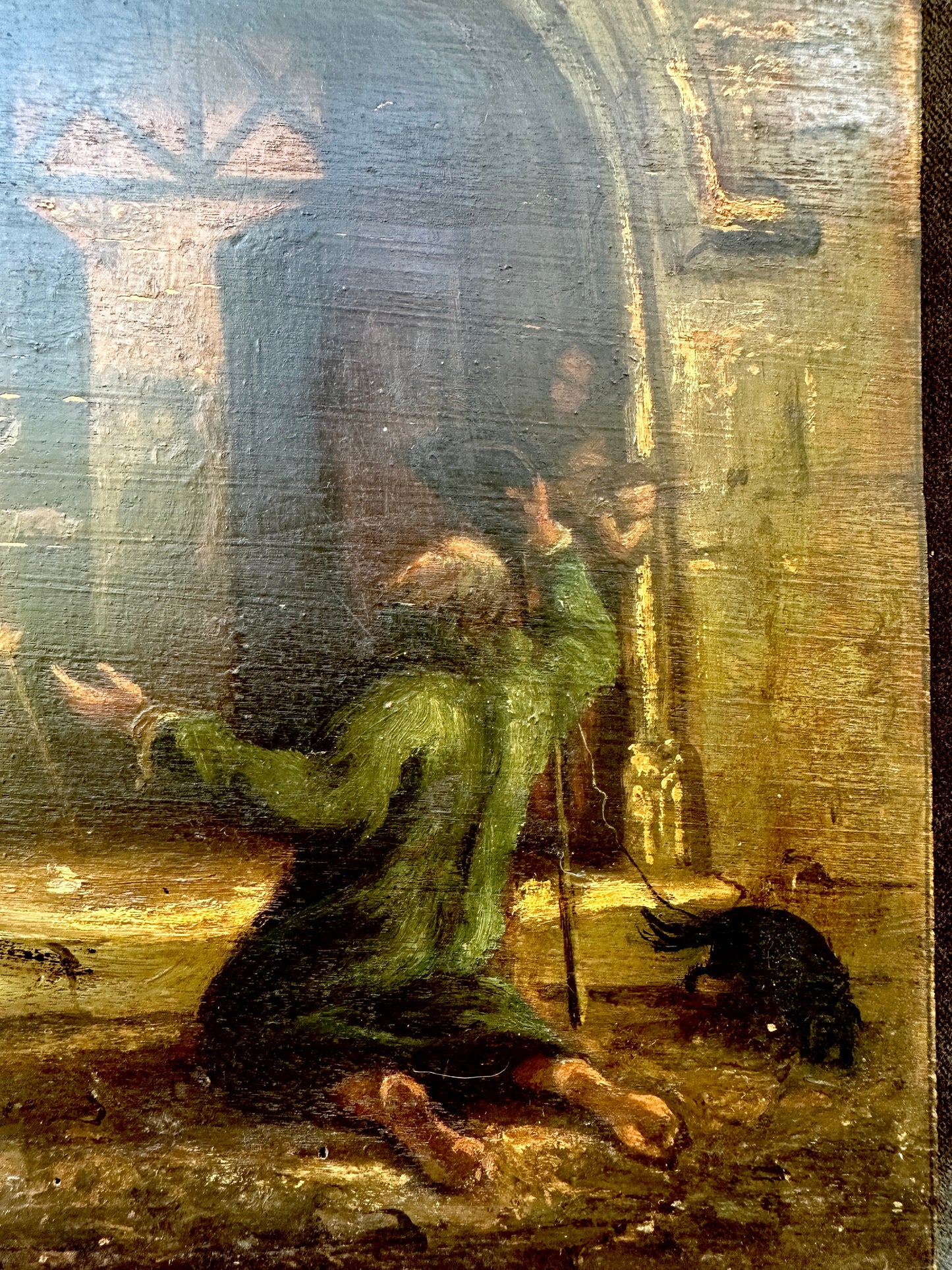 1800's French Oil Painting on Wood Panel Church Beggar