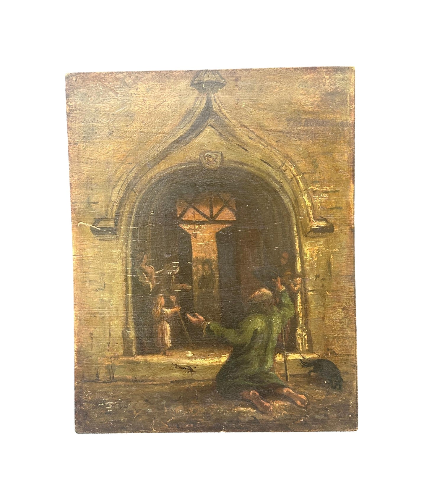 1800's French Oil Painting on Wood Panel Church Beggar