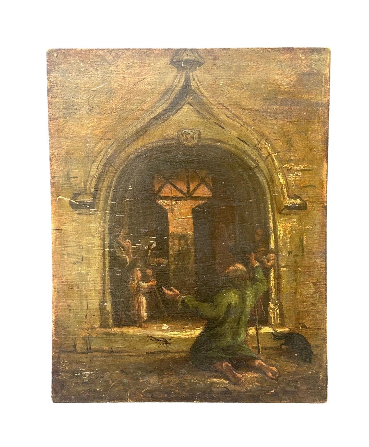 1800's French Oil Painting on Wood Panel Church Beggar