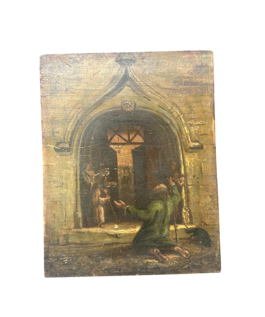 1800's French Oil Painting on Wood Panel Church Beggar