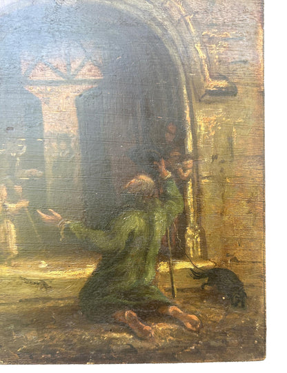 1800's French Oil Painting on Wood Panel Church Beggar