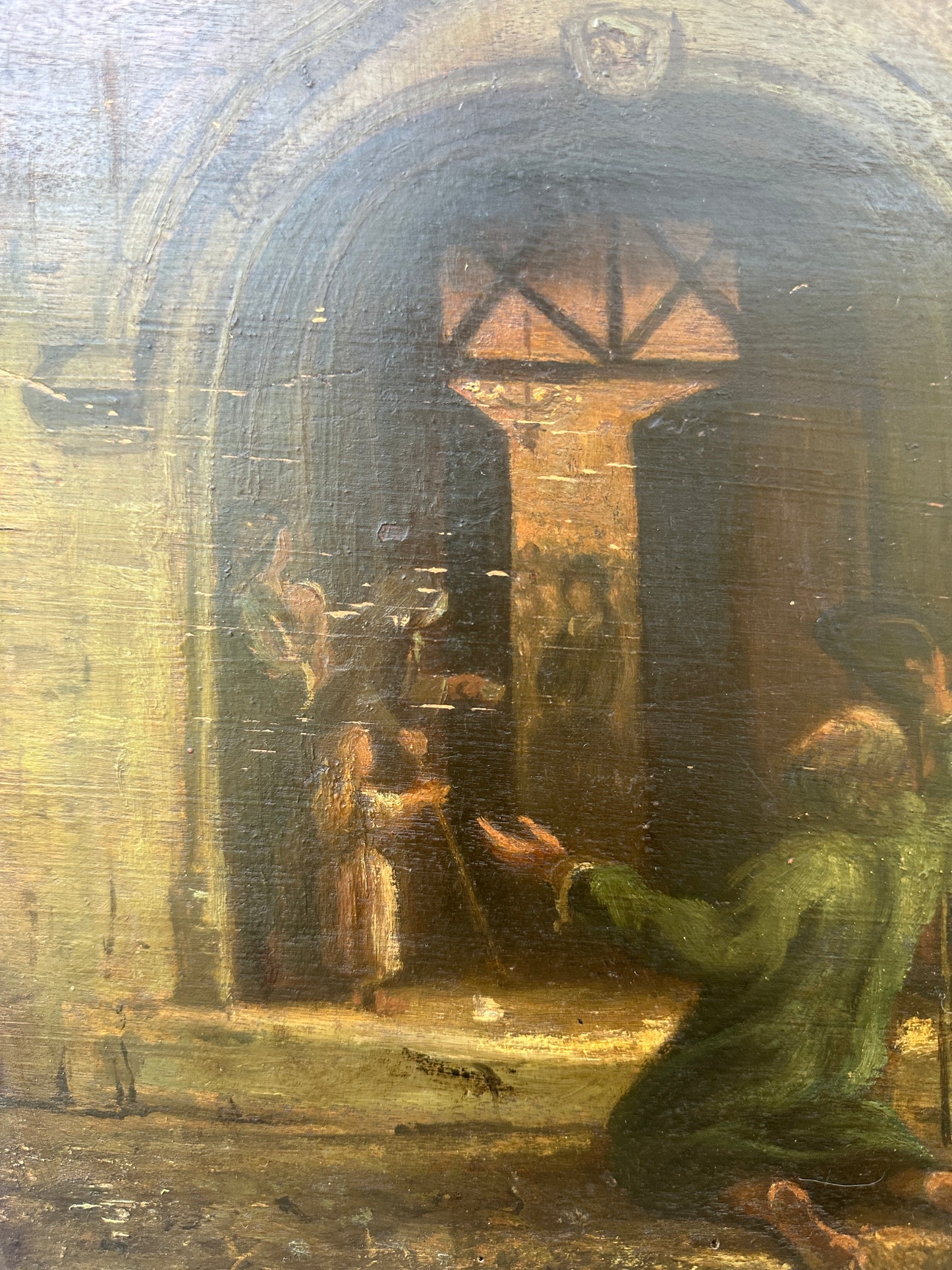 1800's French Oil Painting on Wood Panel Church Beggar