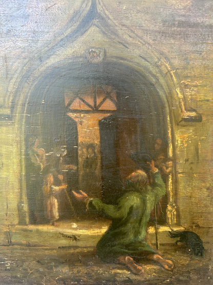 1800's French Oil Painting on Wood Panel Church Beggar