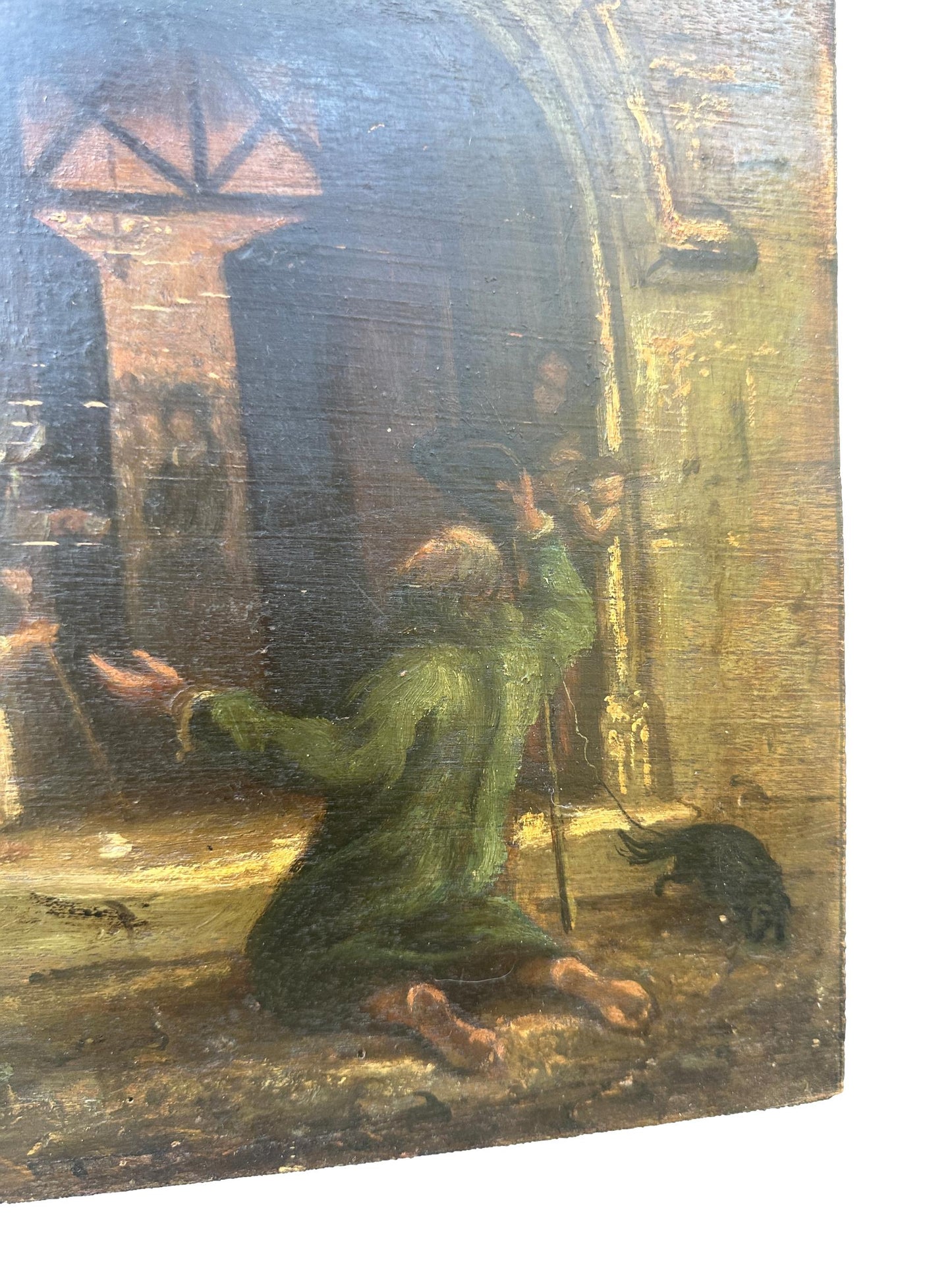 1800's French Oil Painting on Wood Panel Church Beggar