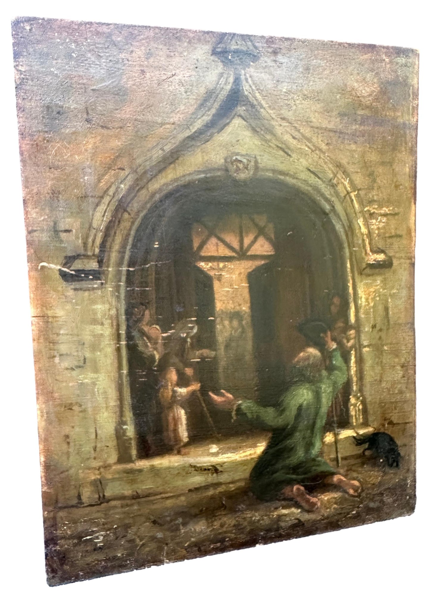 1800's French Oil Painting on Wood Panel Church Beggar