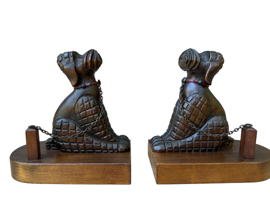 Antique Art Deco Walnut Poodle Bookends | Hand-Carved 1930s