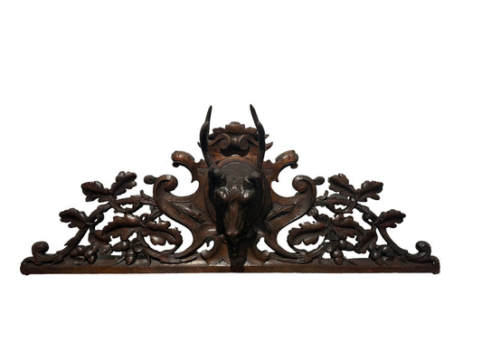 Large 19th C. Carved Oak Pediment | Stag Head Hunting Decor | 42"