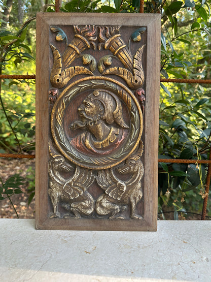 Antique Renaissance Wood Panel, 19thC Hand Carved Wall Art, Polychrome Medallion, Architectural Salvage Decor
