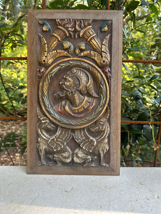 Antique Renaissance Wood Panel, 19thC Hand Carved Wall Art, Polychrome Medallion, Architectural Salvage Decor