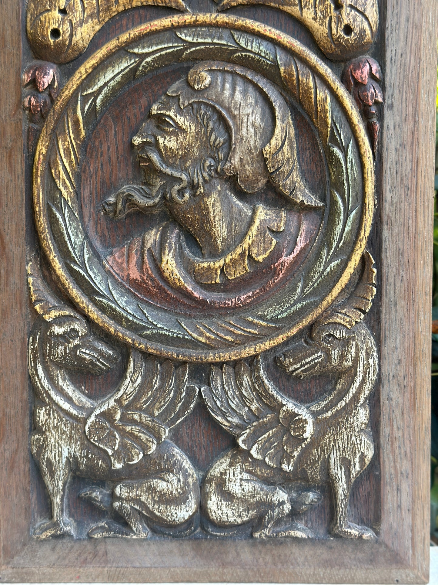 Antique Renaissance Wood Panel, 19thC Hand Carved Wall Art, Polychrome Medallion, Architectural Salvage Decor