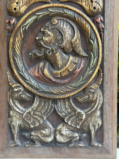 Antique Renaissance Wood Panel, 19thC Hand Carved Wall Art, Polychrome Medallion, Architectural Salvage Decor