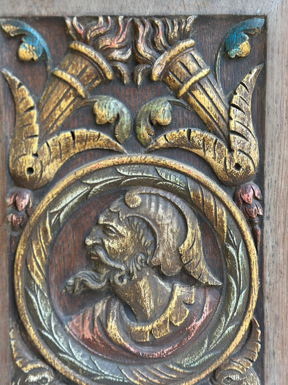 Antique Renaissance Wood Panel, 19thC Hand Carved Wall Art, Polychrome Medallion, Architectural Salvage Decor