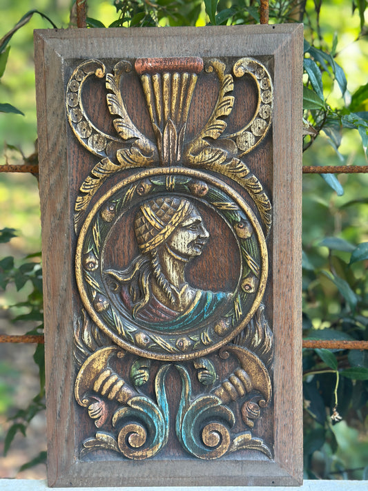Antique Renaissance Wood Panel, 19thC Hand Carved Wall Art, Polychrome Medallion, Architectural Salvage Decor