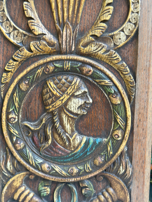 Antique Renaissance Wood Panel, 19thC Hand Carved Wall Art, Polychrome Medallion, Architectural Salvage Decor