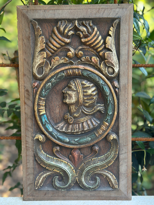 Antique Renaissance Wood Panel, 19thC Hand Carved Wall Art, Polychrome Medallion, Architectural Salvage Decor
