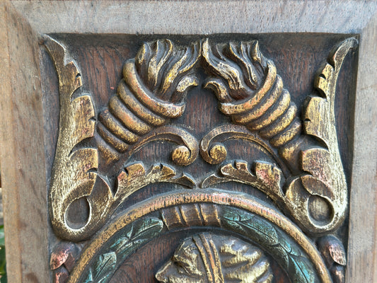 Antique Renaissance Wood Panel, 19thC Hand Carved Wall Art, Polychrome Medallion, Architectural Salvage Decor