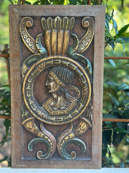 Antique Renaissance Wood Panel, 19thC Hand Carved Wall Art, Polychrome Medallion, Architectural Salvage Decor