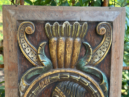 Antique Renaissance Wood Panel, 19thC Hand Carved Wall Art, Polychrome Medallion, Architectural Salvage Decor