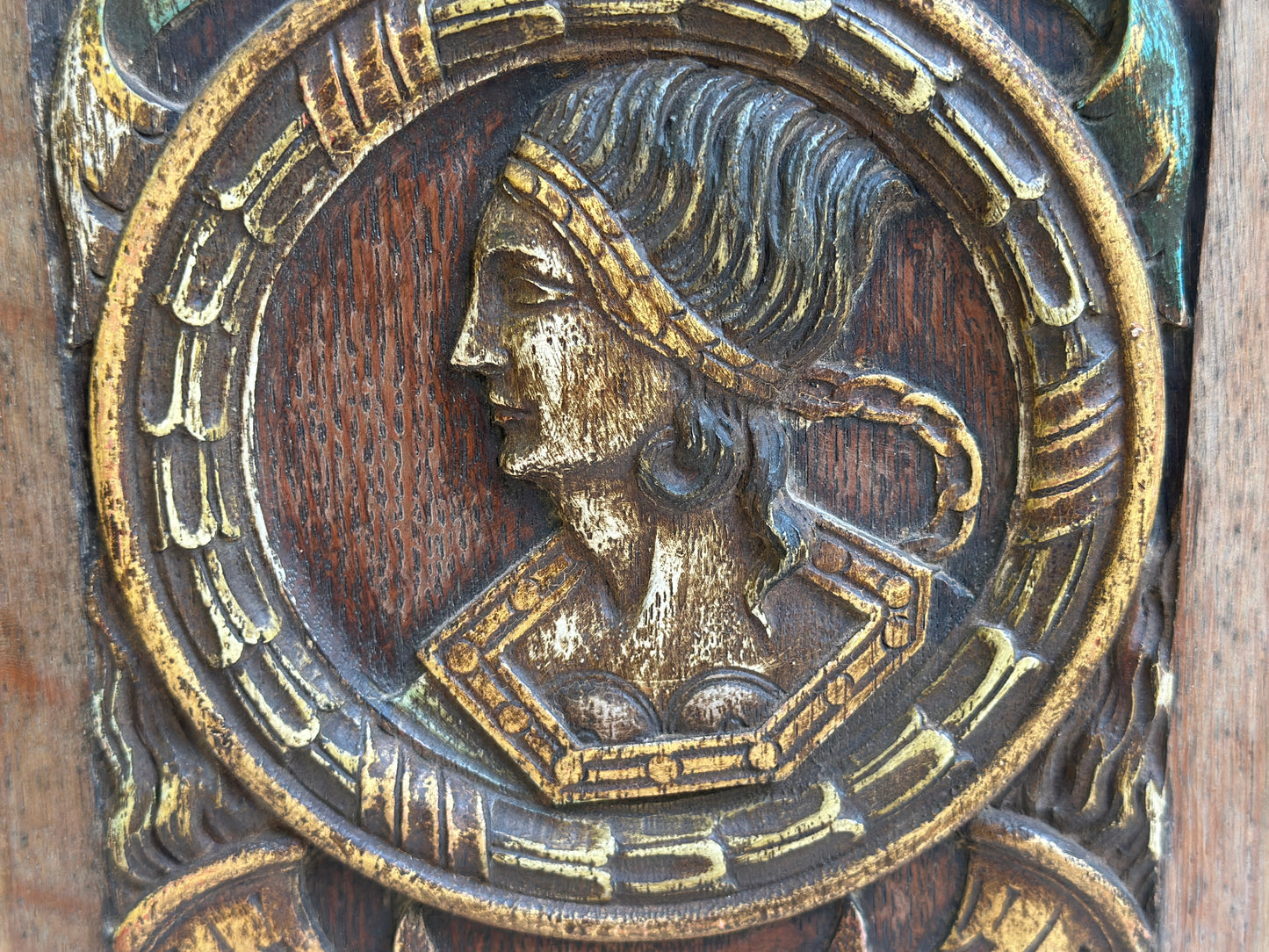 Antique Renaissance Wood Panel, 19thC Hand Carved Wall Art, Polychrome Medallion, Architectural Salvage Decor