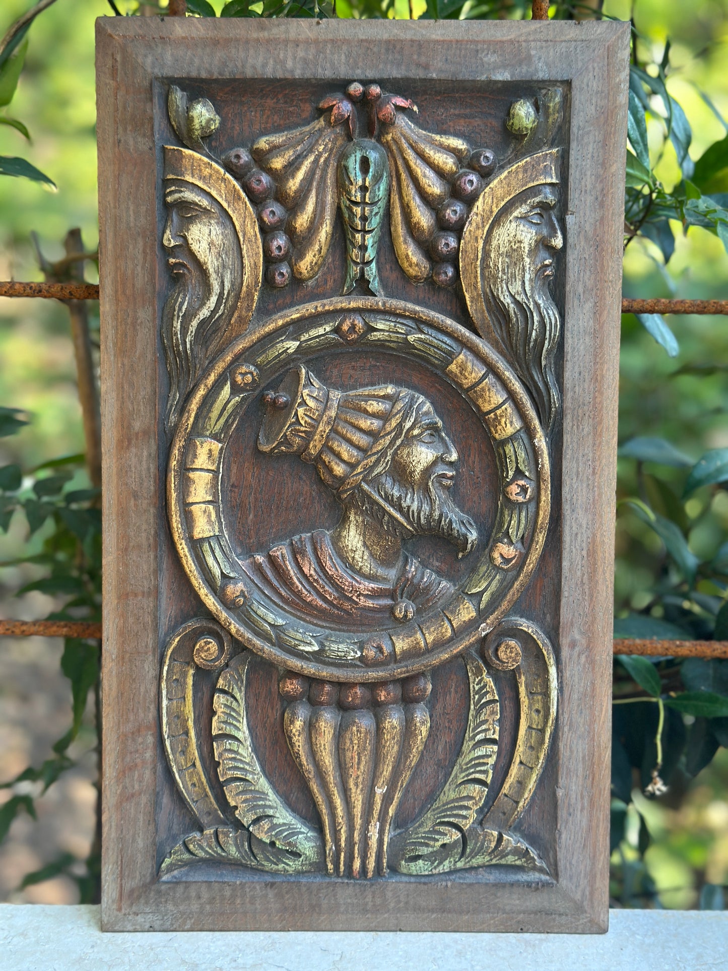 Antique Renaissance Wood Panel, 19thC Hand Carved Wall Art, Polychrome Medallion, Architectural Salvage Decor (Copie)