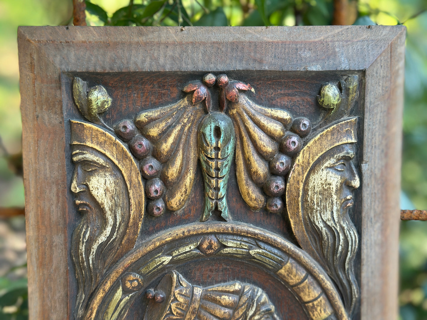 Antique Renaissance Wood Panel, 19thC Hand Carved Wall Art, Polychrome Medallion, Architectural Salvage Decor (Copie)