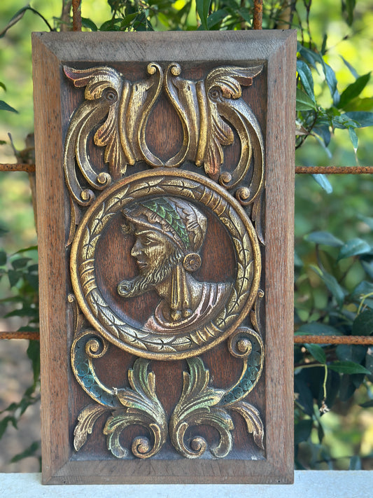 Antique Renaissance Wood Panel, 19thC Hand Carved Wall Art, Polychrome Medallion, Architectural Salvage Decor