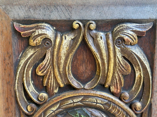Antique Renaissance Wood Panel, 19thC Hand Carved Wall Art, Polychrome Medallion, Architectural Salvage Decor