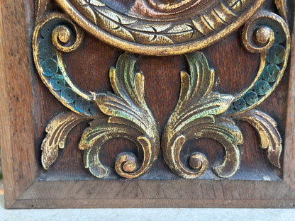 Antique Renaissance Wood Panel, 19thC Hand Carved Wall Art, Polychrome Medallion, Architectural Salvage Decor