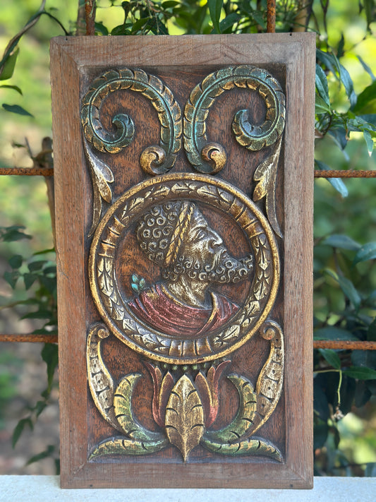 Antique Renaissance Wood Panel, 19thC Hand Carved Wall Art, Polychrome Medallion, Architectural Salvage Decor